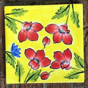 Yellow & Red Poppy Sunny Daze Ceramic Trivet Designed by Michael Sparks 7”